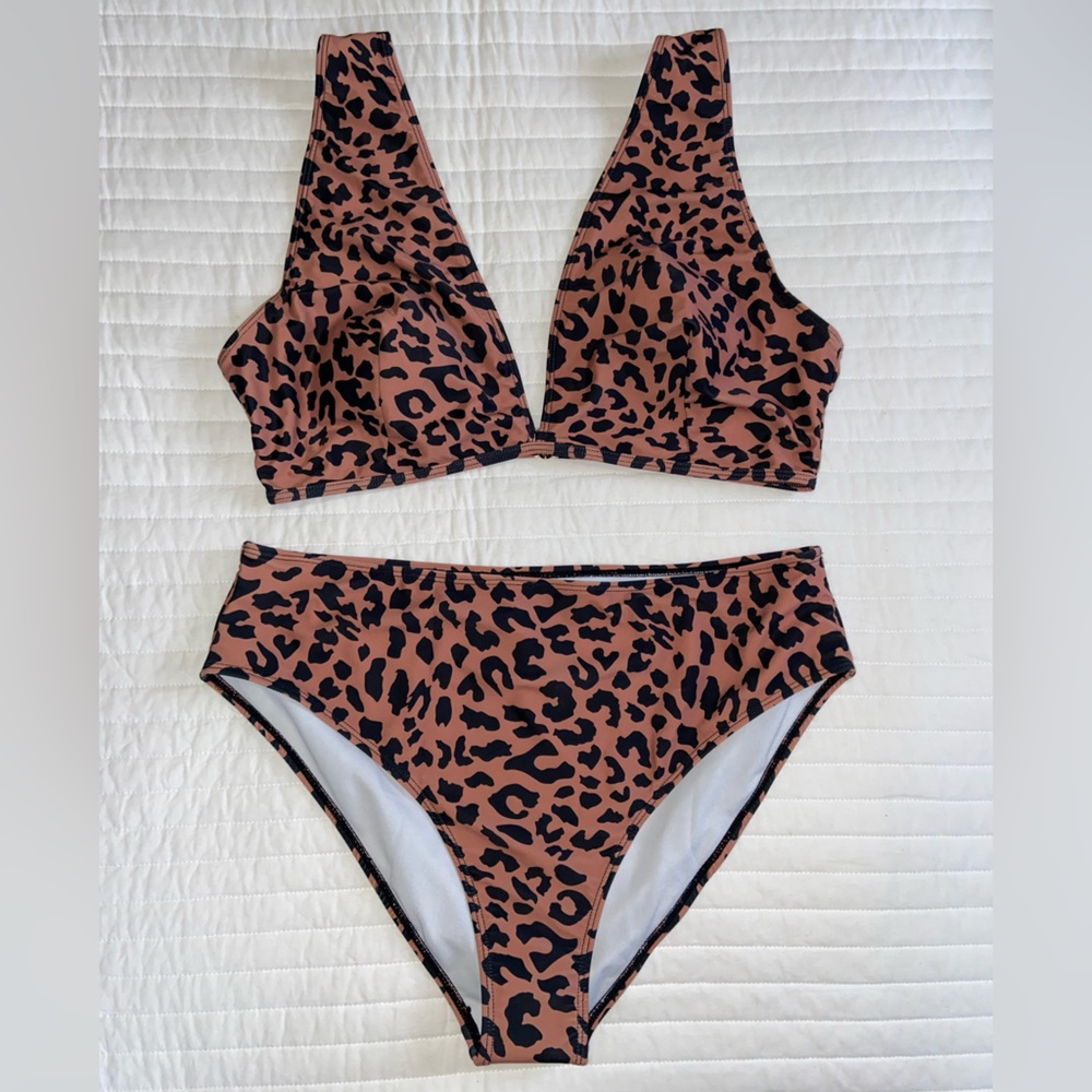 Leopard Print high rise matching swim suit set - Size: 2XL